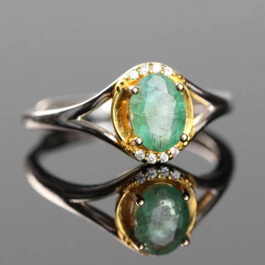 天然祖母绿戒指S925银镶双色椭圆形宝石时尚轻奢大众百搭女款饰品