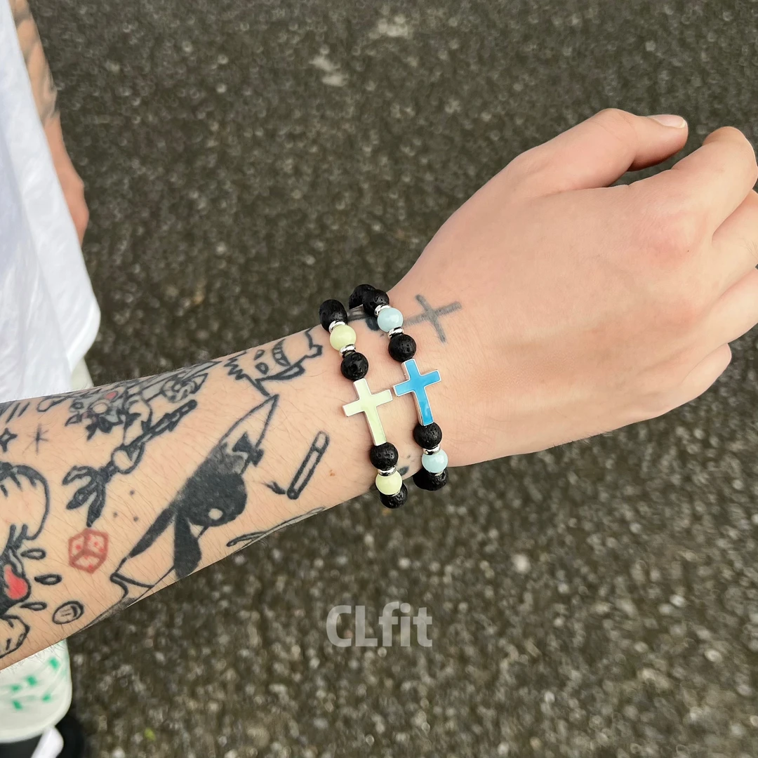 铜合金合成锆石手链 CLfit火山石十字架夜光滴胶手链手工小众时尚