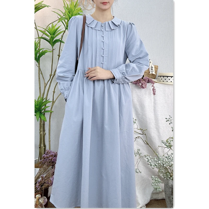 大乔【如梦】纯棉秋冬加厚连衣裙翻领风琴褶