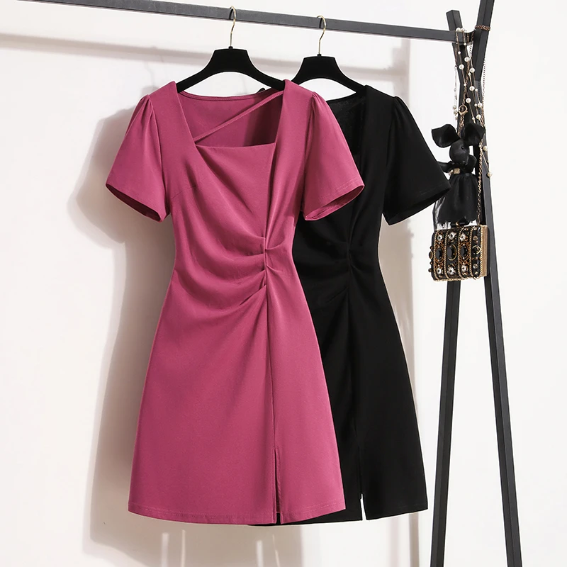 大码微胖MM夏季新款褶皱显瘦裙子女时尚百搭气质遮肚子显瘦连衣裙