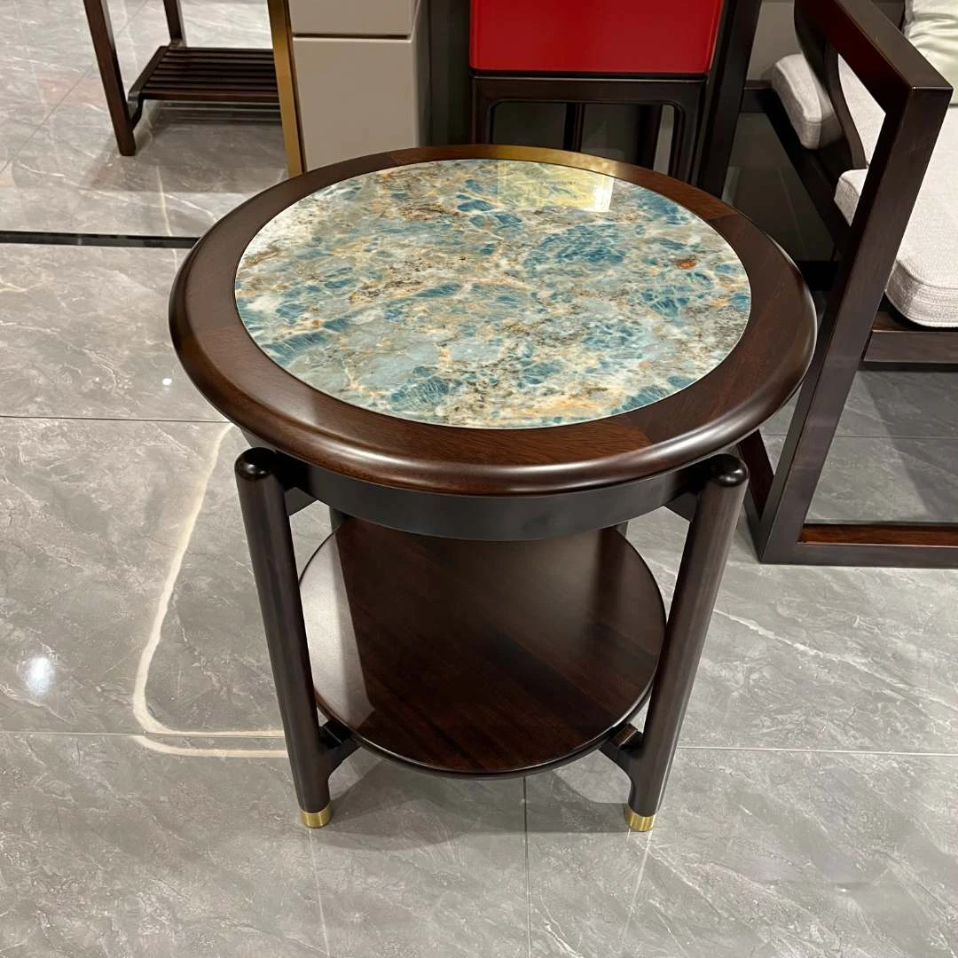 Y605新中式乌金木岩板圆几现在中式实木角几边几茶水几休闲沙发几