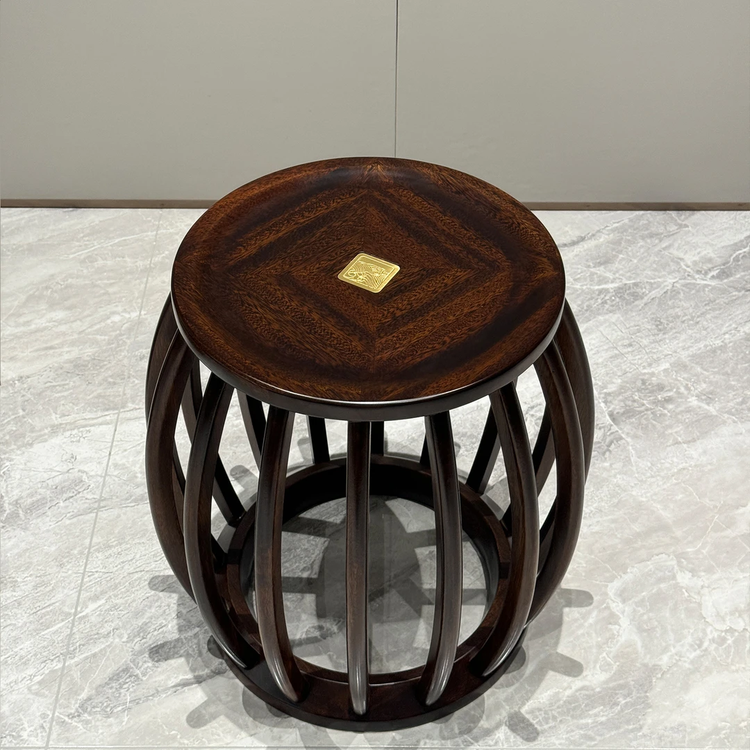 Y05#新中式乌金木全实木鼓凳茶凳圆凳古典餐凳家用休闲轻奢禅意
