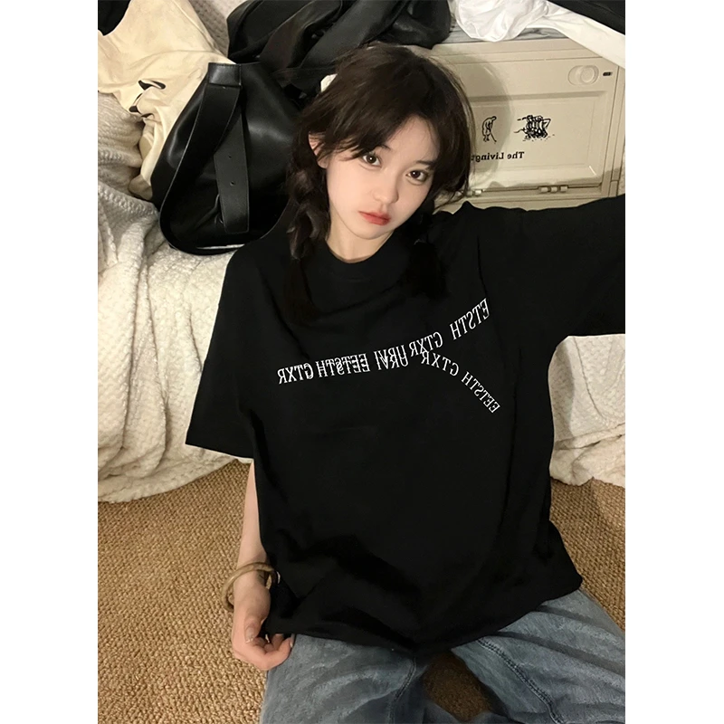 美式复古慵懒宽松oversize黑色印花短袖t恤女夏学生显瘦上衣韩版