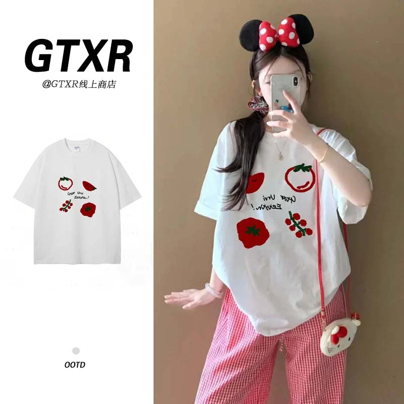 卡通洋气字母印花纯棉短袖t恤女2025新款夏季宽松设计感小众上衣