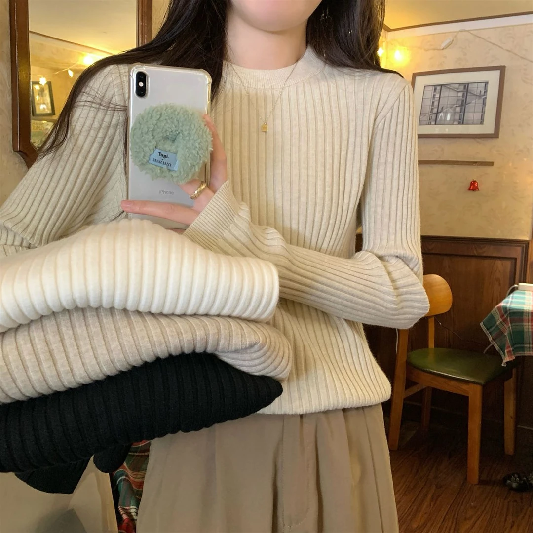 韩版圆领纯色内搭修身针织打底衫秋冬季2024年新款百搭长袖毛衣女