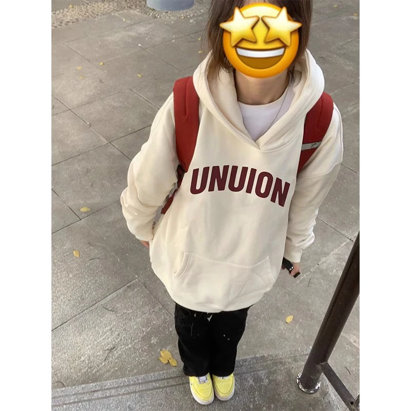 杏色美式高街加绒加厚连帽oversize潮牌卫衣慵懒女冬季小个子外套