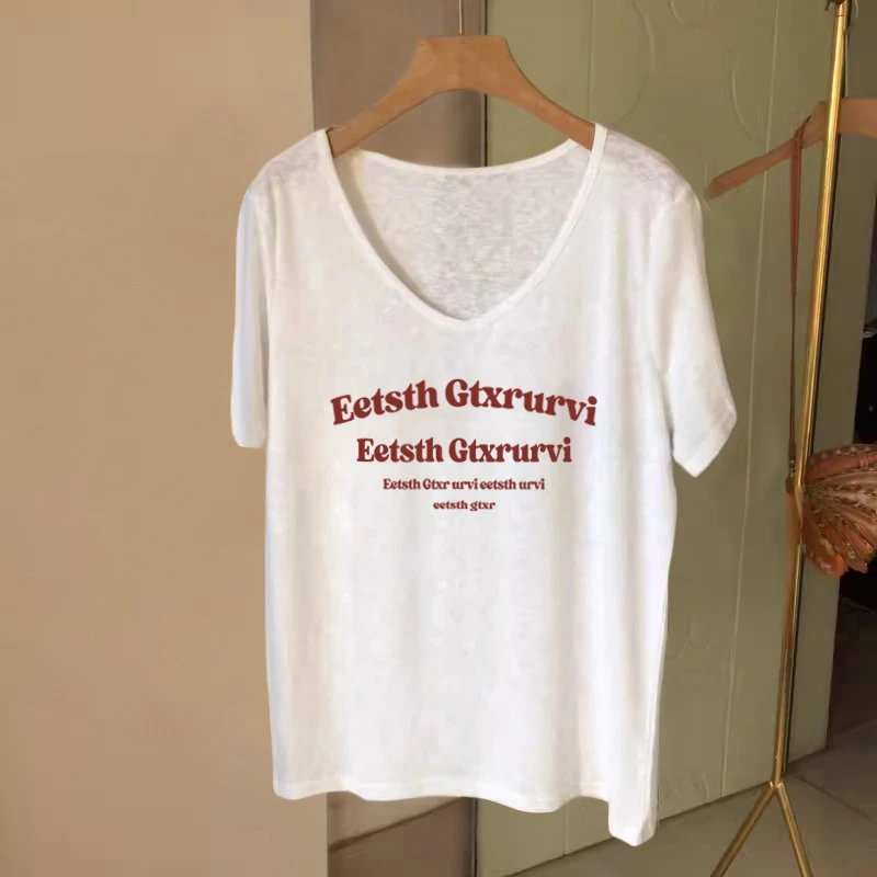 夏季2025新款港风v领白色短袖t恤女竹节棉时尚宽松大码显瘦上衣潮