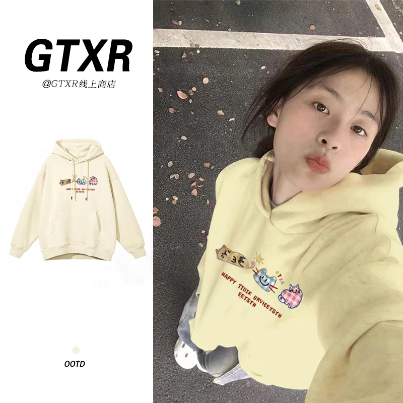 秋冬美式慵懒风宽松连帽卫衣女加绒长袖上衣小众新款猫咪印花外套