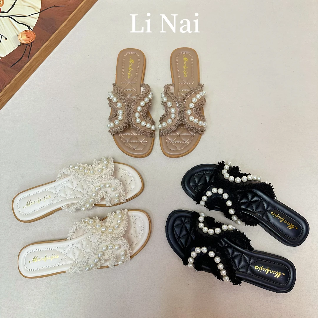 小香风凉拖鞋女外穿2024年夏季新款小众设计感珍珠海边沙滩一字拖