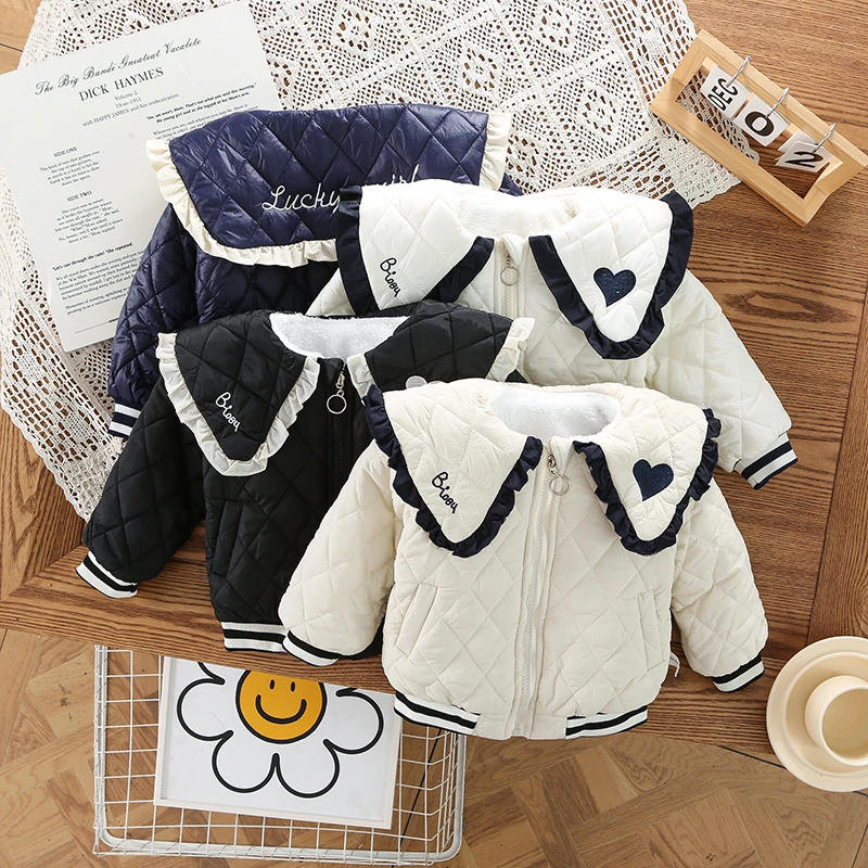 2024新款儿童小香风加绒加厚保暖上衣秋冬季拉链衫翻领棉衣小棉袄