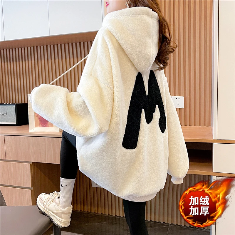 刺绣连帽设计感加绒加厚卫衣女秋冬新款韩版宽松大码胖mm保暖上衣