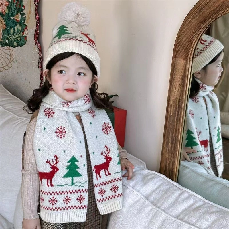 儿童帽子围巾套装秋冬季女童毛线帽男童针织帽宝宝红色圣诞帽小鹿