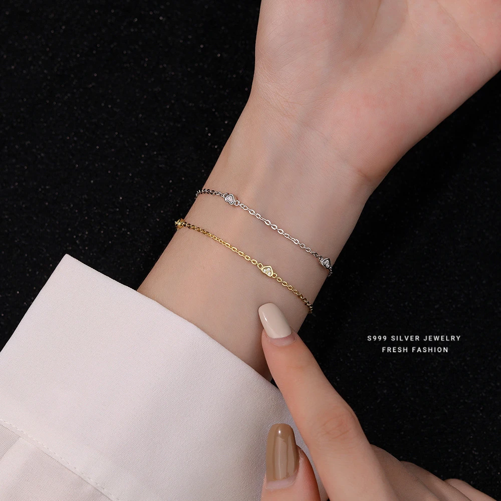 足银手链 足银999爱心手链女轻奢精致简约小众高级感闺蜜情侣礼物