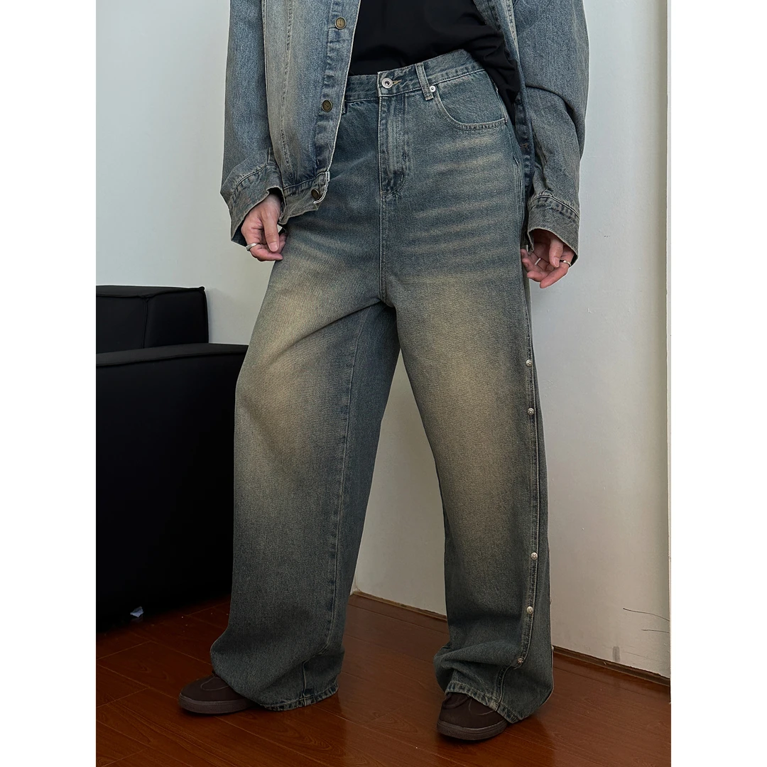 19studio WAYNEPRINCE美式复古侧面铆钉阔腿长裤宽松直筒牛仔裤男