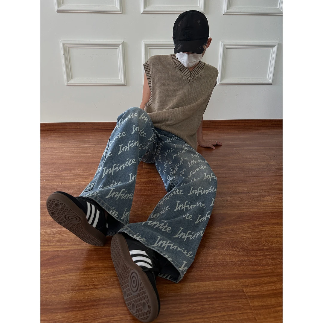 19studio WAYNEPRINCE满印高级感长裤水洗做旧休闲宽松直筒牛仔裤