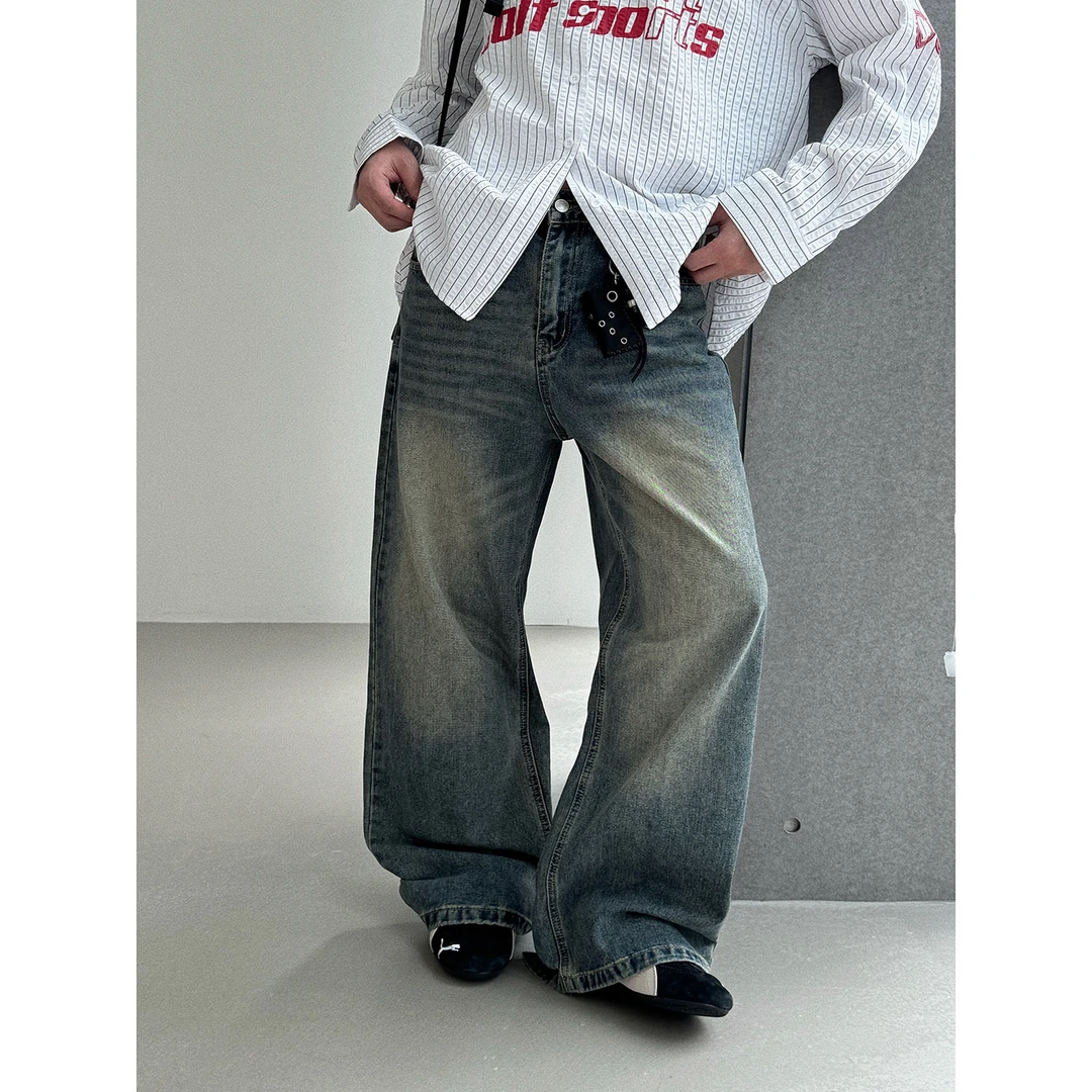 19studio WAYNEPRINCE水洗做旧纹路牛仔裤复古长裤宽松直筒阔腿裤