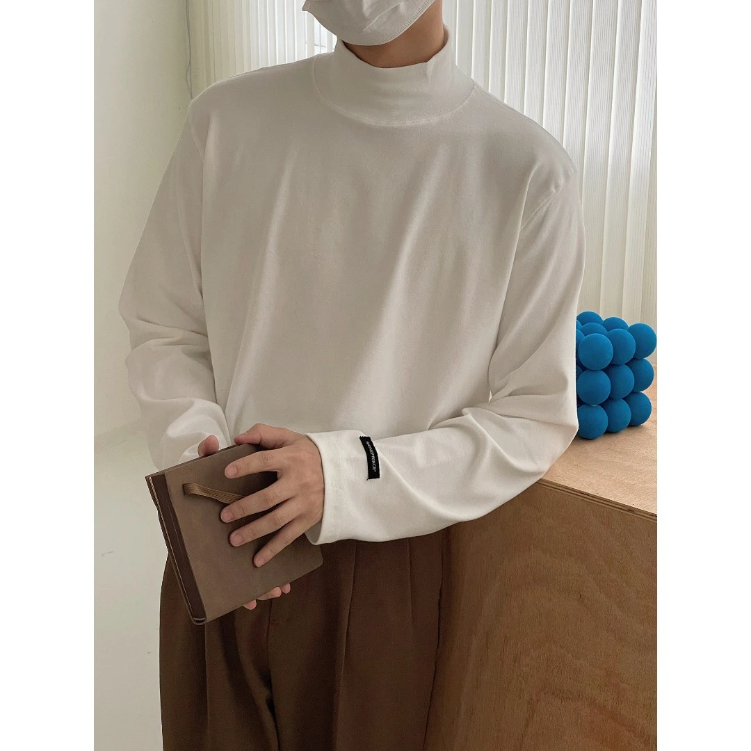 19studio 秋冬半高领纯色百搭打底衫男宽松慵懒风T恤