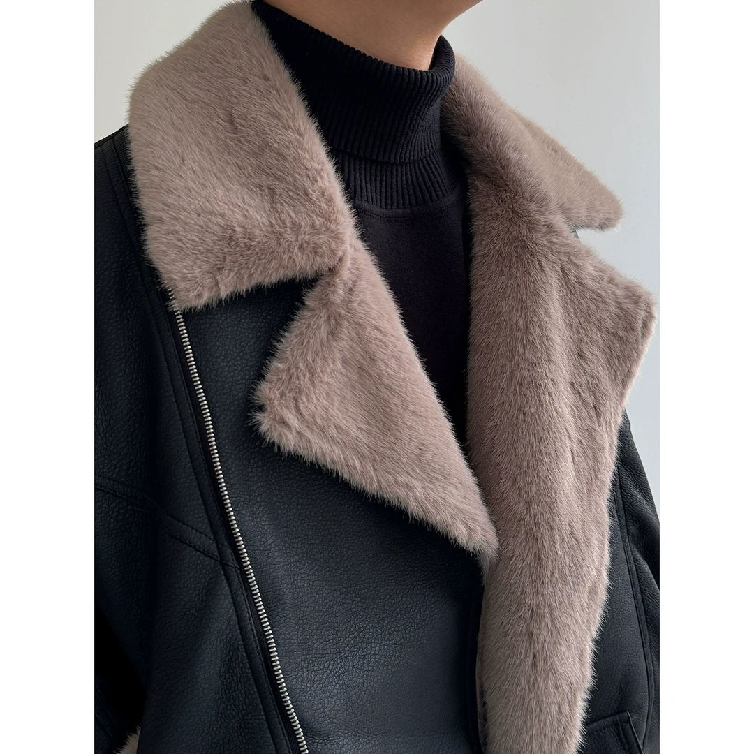 19studio WAYNEPRINCE翻领百搭皮毛一体外套短款美式复古机车夹克