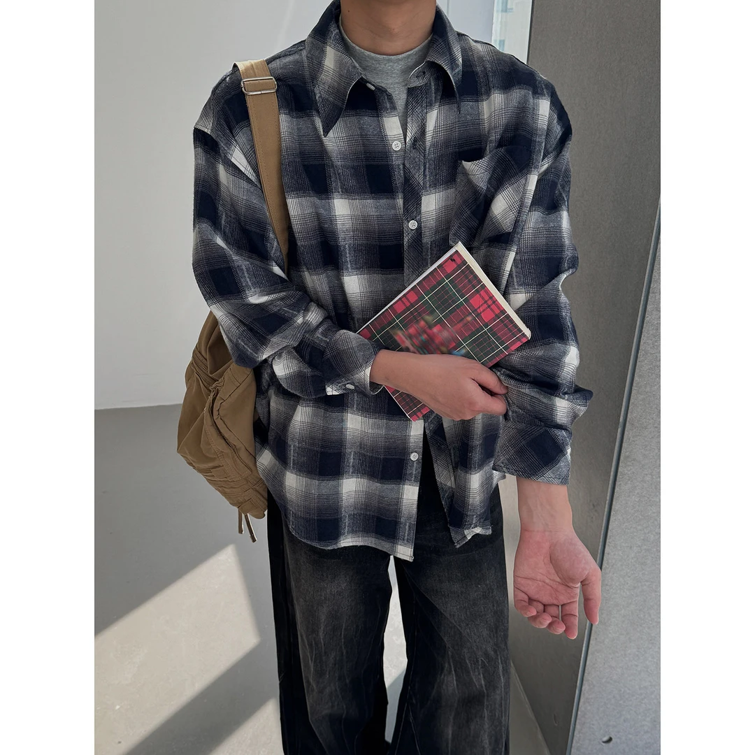 19studio WAYNEPRINCE 美式宽松复古落肩衬衣秋冬藏蓝白格子衬衫