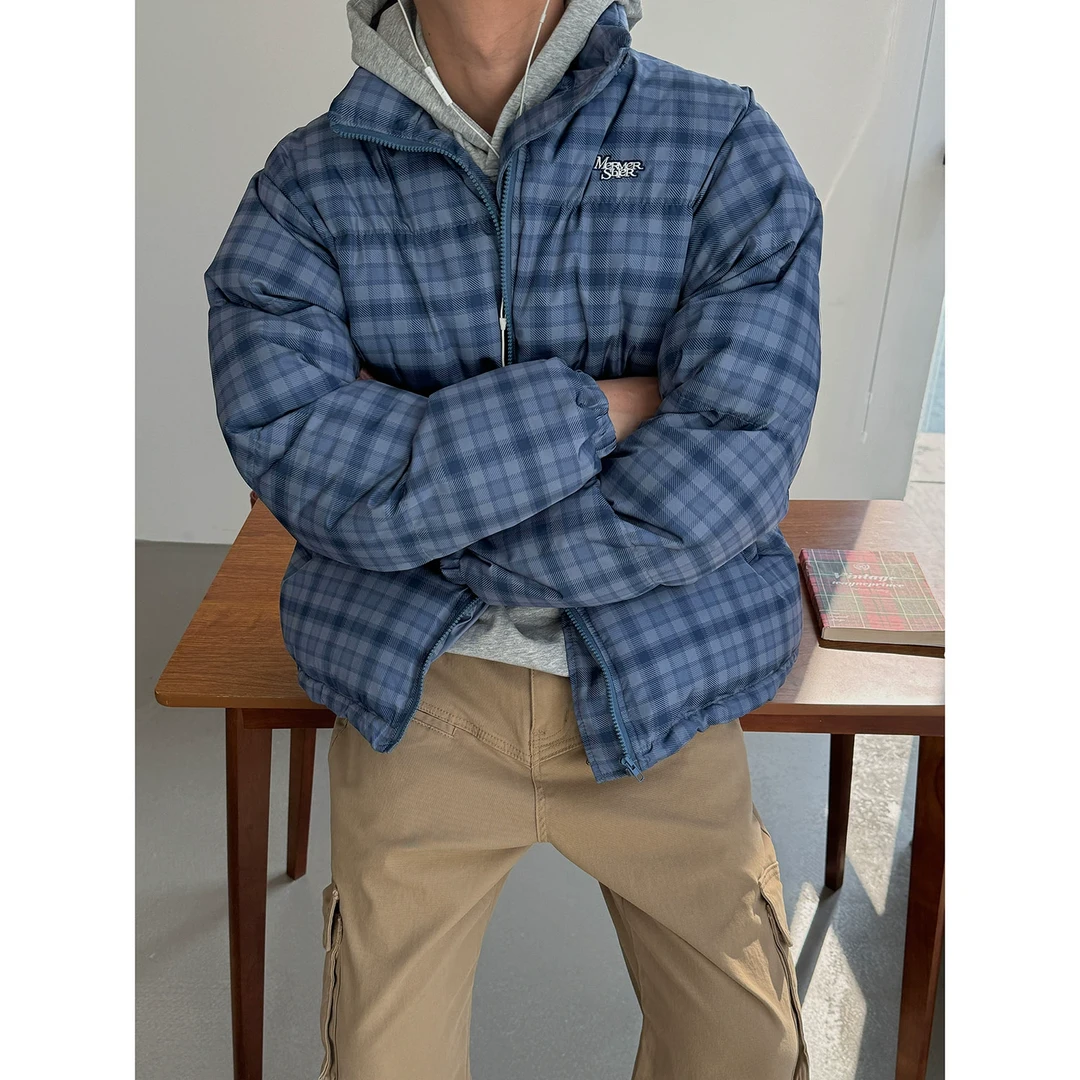 19studio WAYNEPRINCE格子刺绣棉衣男撞色立领美式短款面包服外套