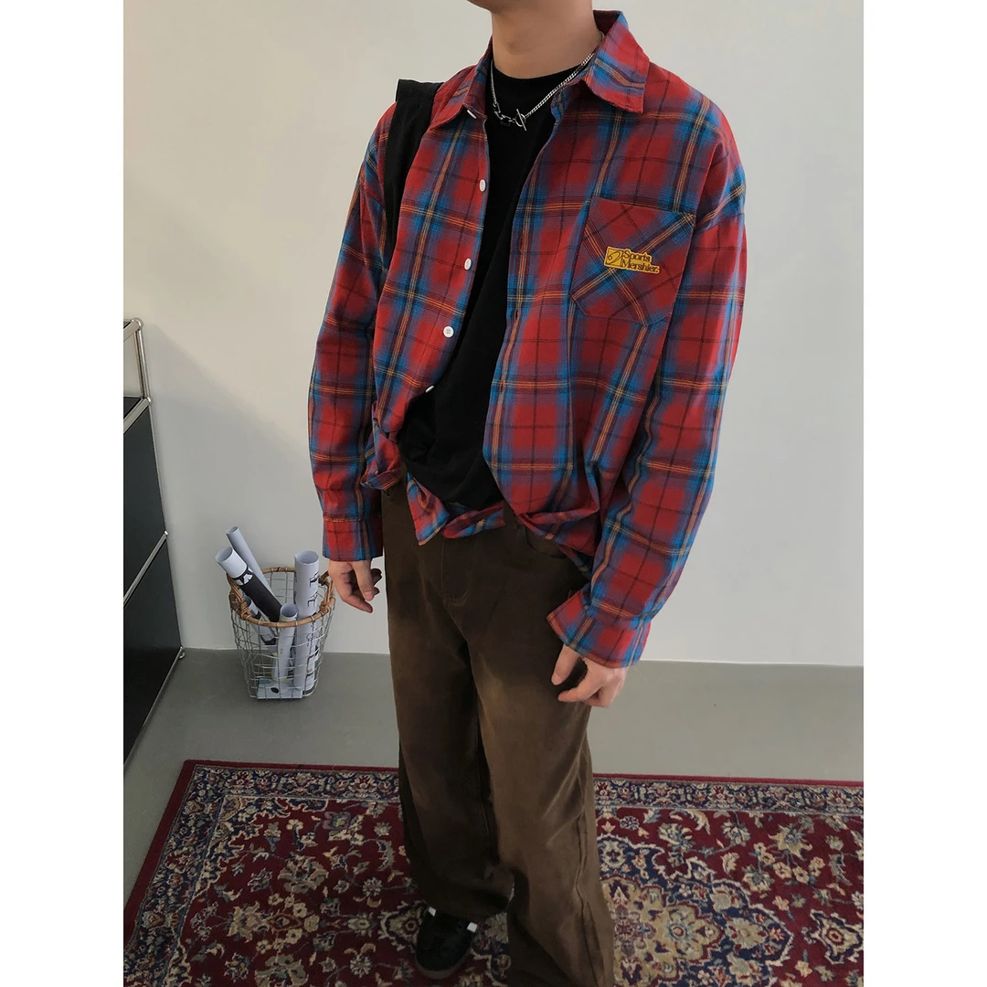 19studio WAYNEPRINCE美式字母刺绣格纹衬衣复古格子翻领百搭衬衫