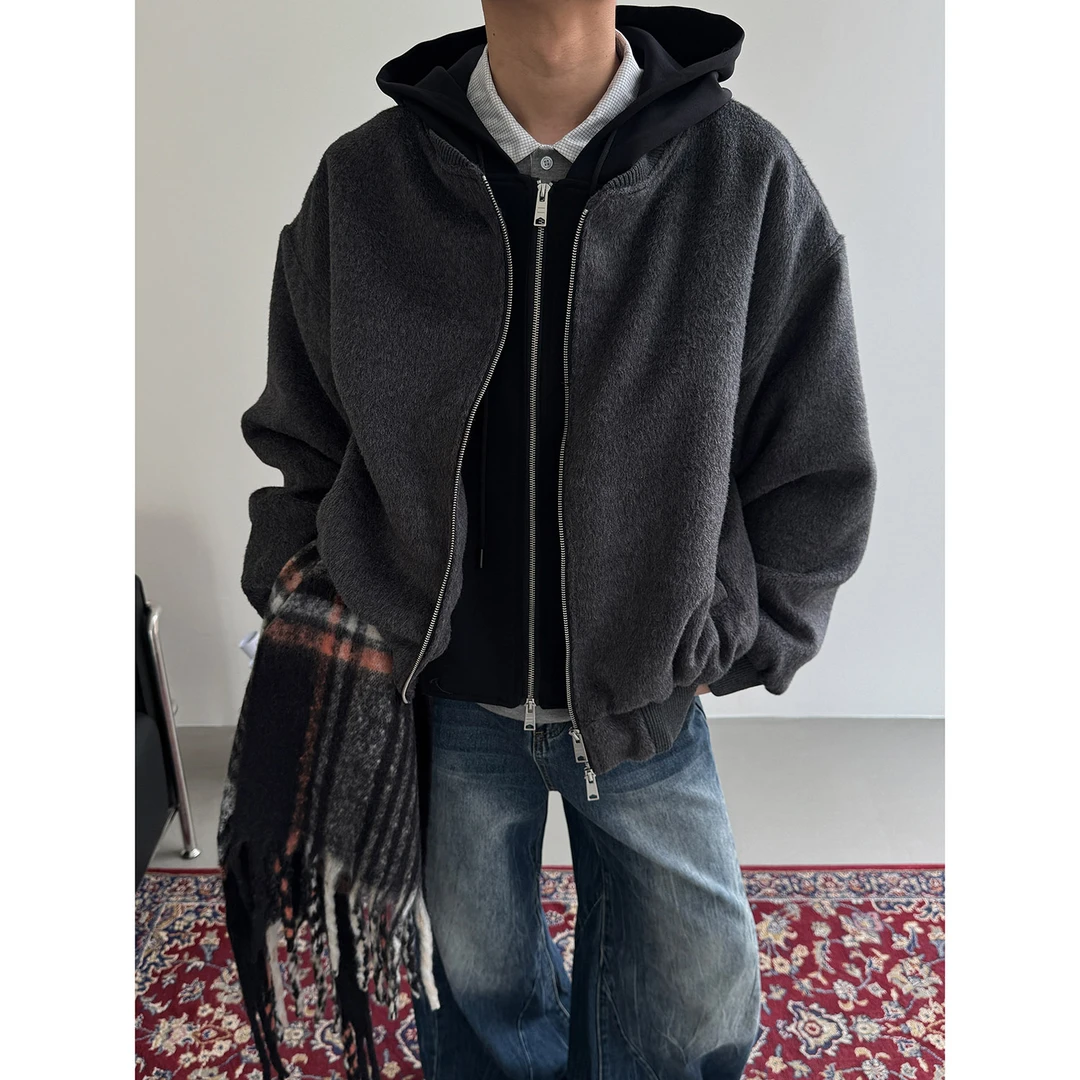 19studio WAYNEPRINCE假两件毛呢加厚外套男撞色连帽开衫夹克上衣