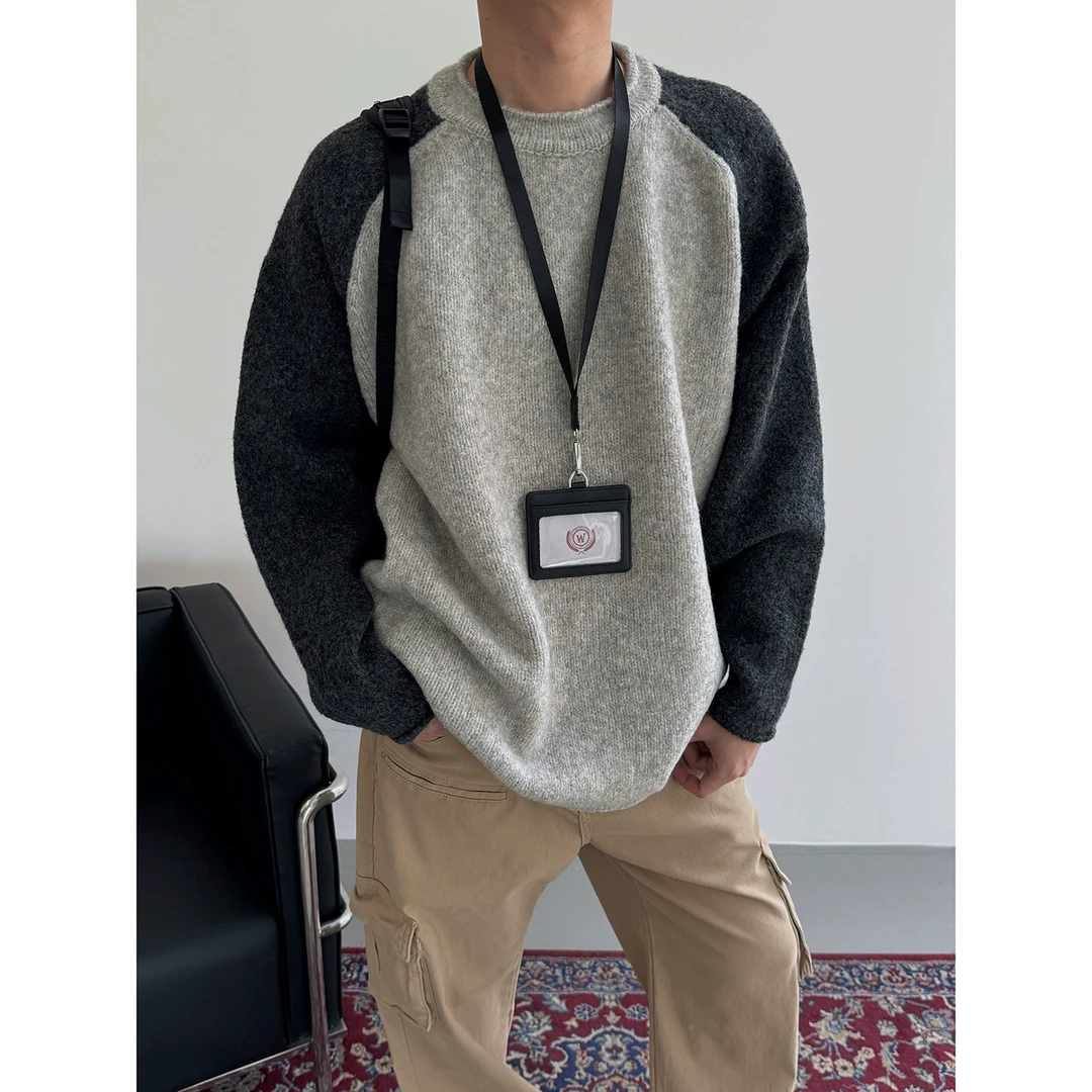 19studio WAYNEPRINCE圆领套头拼接撞色毛衣日系复古慵懒风针织衫