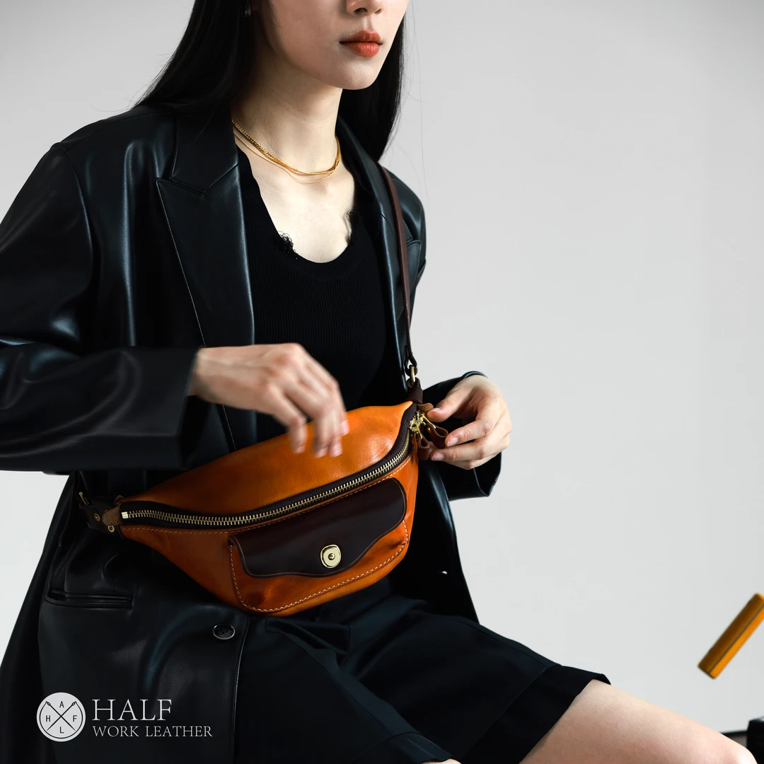 HAFL WORK/伴工新款头层植鞣油蜡牛皮斜挎包复古机车胸包 KB-2231