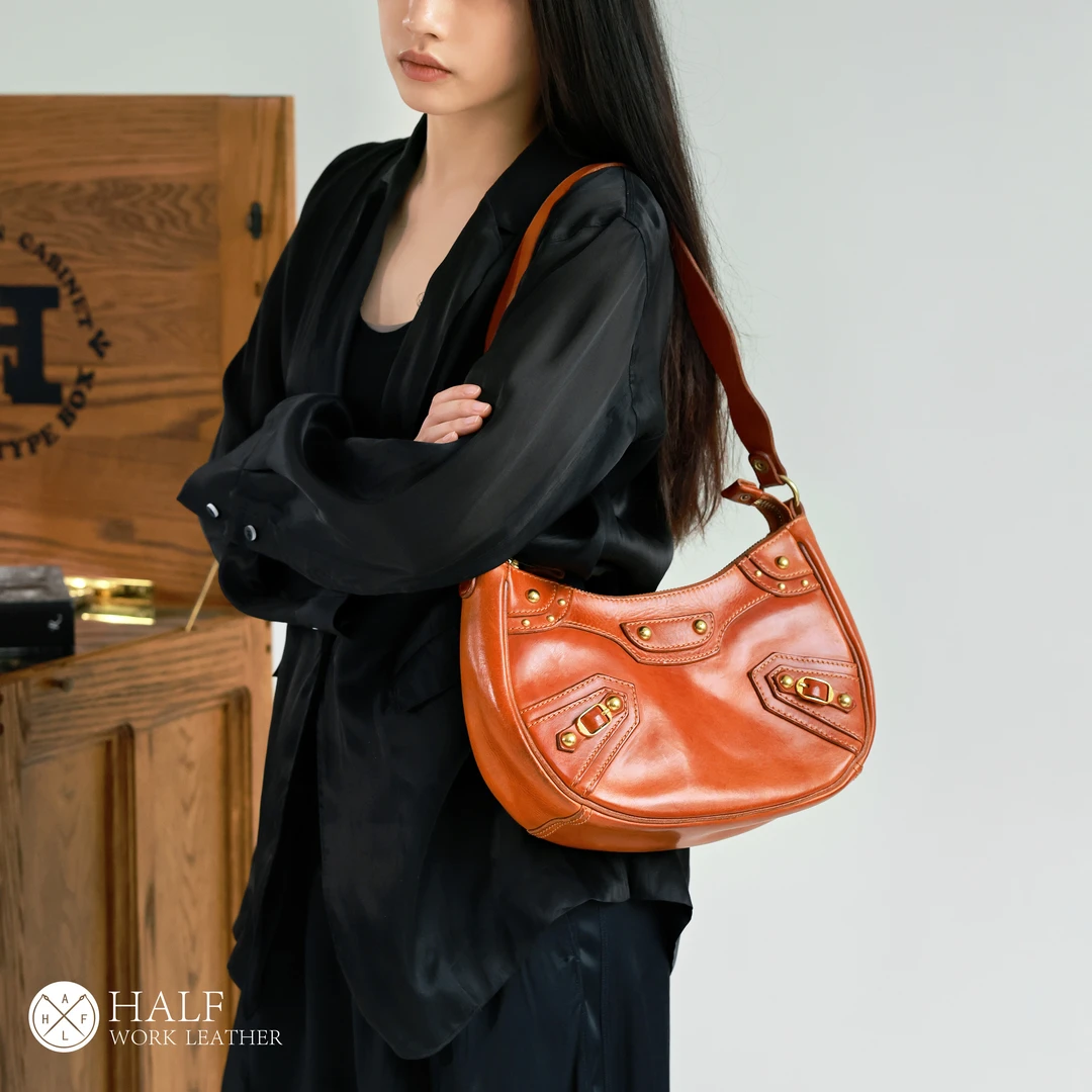 HALF WORK/伴工新款植鞣油蜡头层牛皮大容量机车腋下包KB-2221