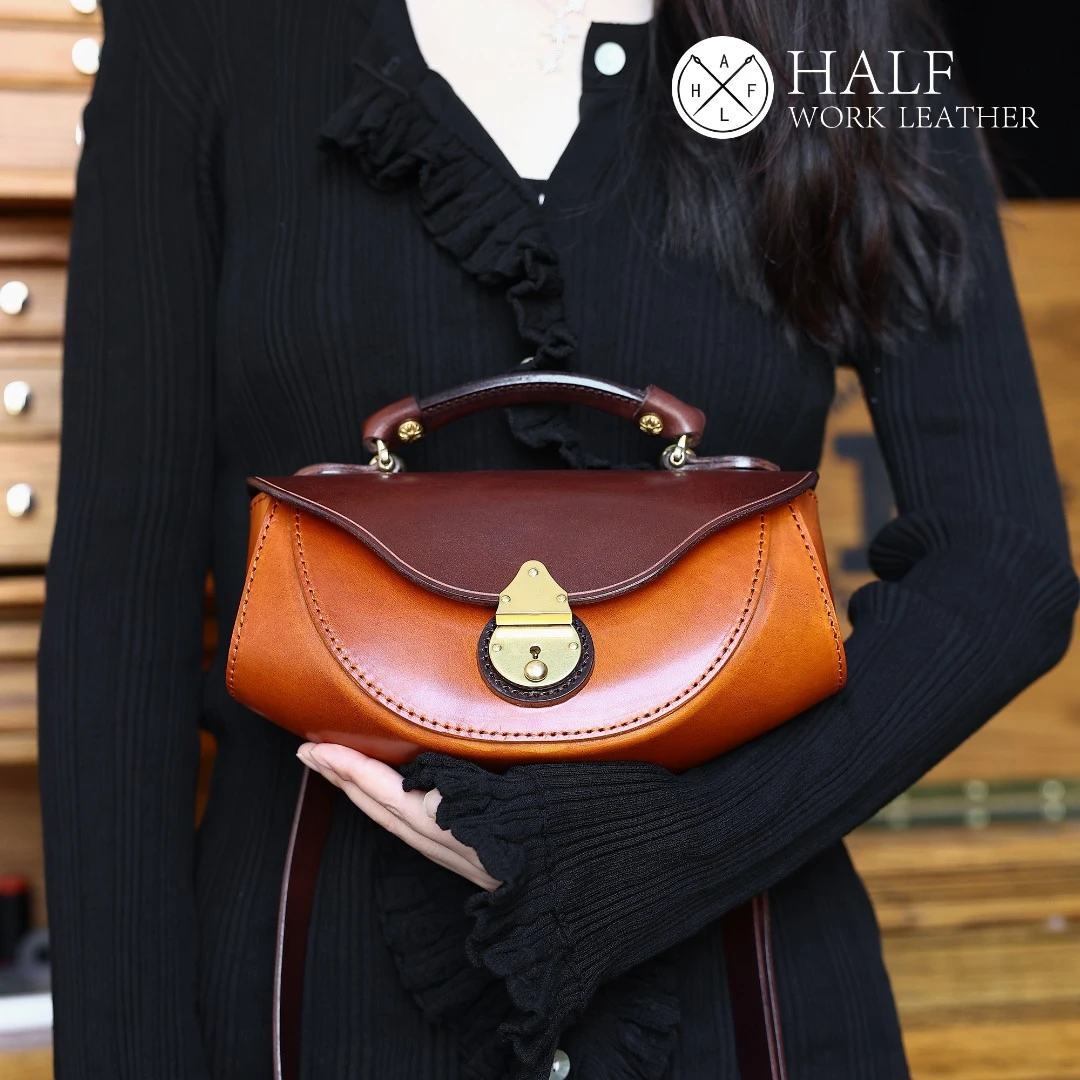 HALF WORK/伴工植鞣油蜡头层牛皮一帆风顺手提单肩斜挎包 1966
