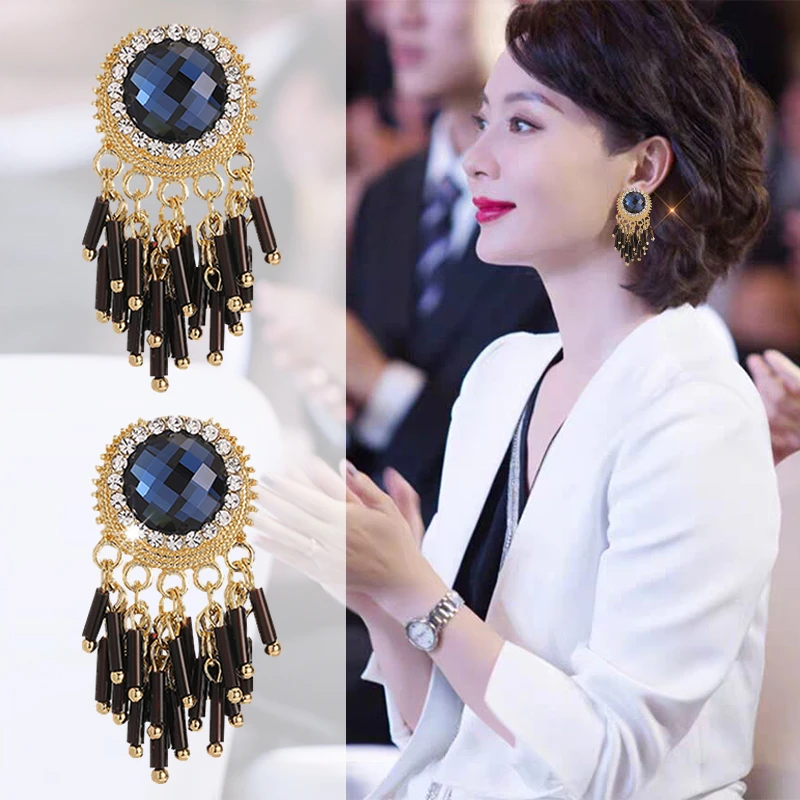 铜合金耳饰 法式蓝色流苏长款耳环洋气耳钉百搭韩版夸张时尚耳坠