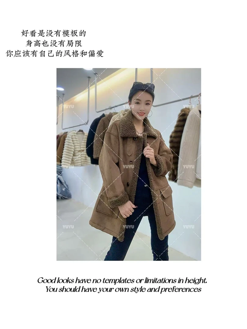冬季新款时尚休闲百搭宽松韩系减龄中长款麂皮绒羊羔机车保暖外套