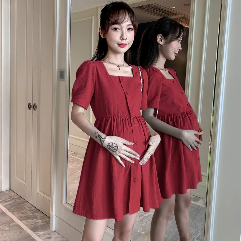 孕妇装夏天裙子2023夏装洋气潮妈纯色减龄少女显白中长款连衣裙夏