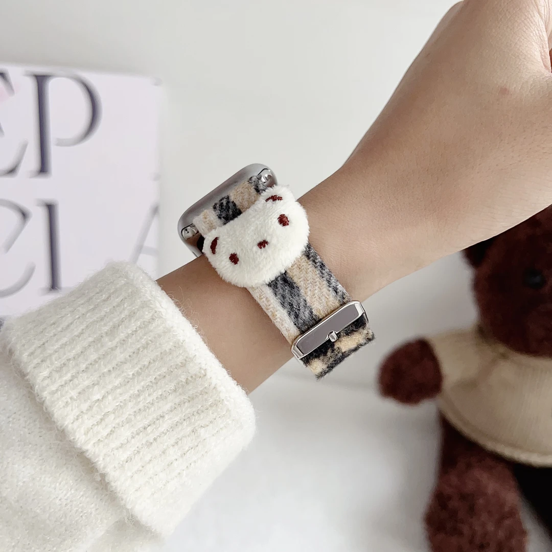 适用于苹果手表s10绒面熊皮带秋冬款applewatch876代小众S9女42mm