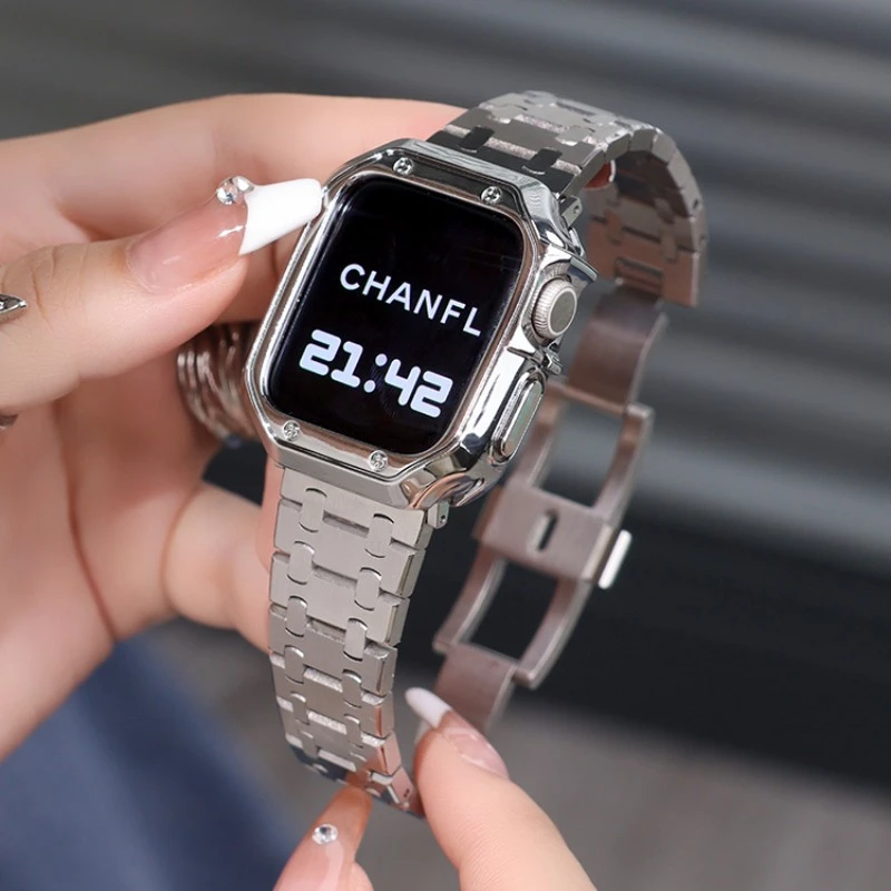 适用iwatch9苹果手表apple watch8765金属se不锈钢AP蝴蝶扣保护壳