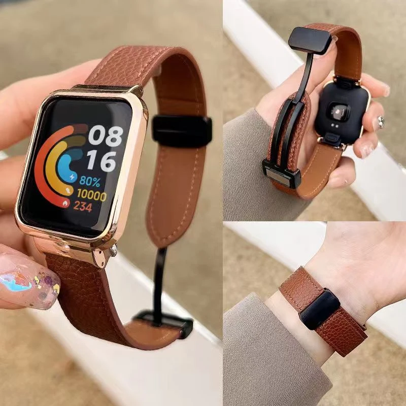 适用红米Redmi 3/2代荔枝纹真皮折叠扣磁吸金属watch休闲手表腕带
