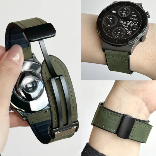 适用华为GT4手表3贴皮表带Watch4荣耀watchX硅胶贴牛皮磁吸折叠扣