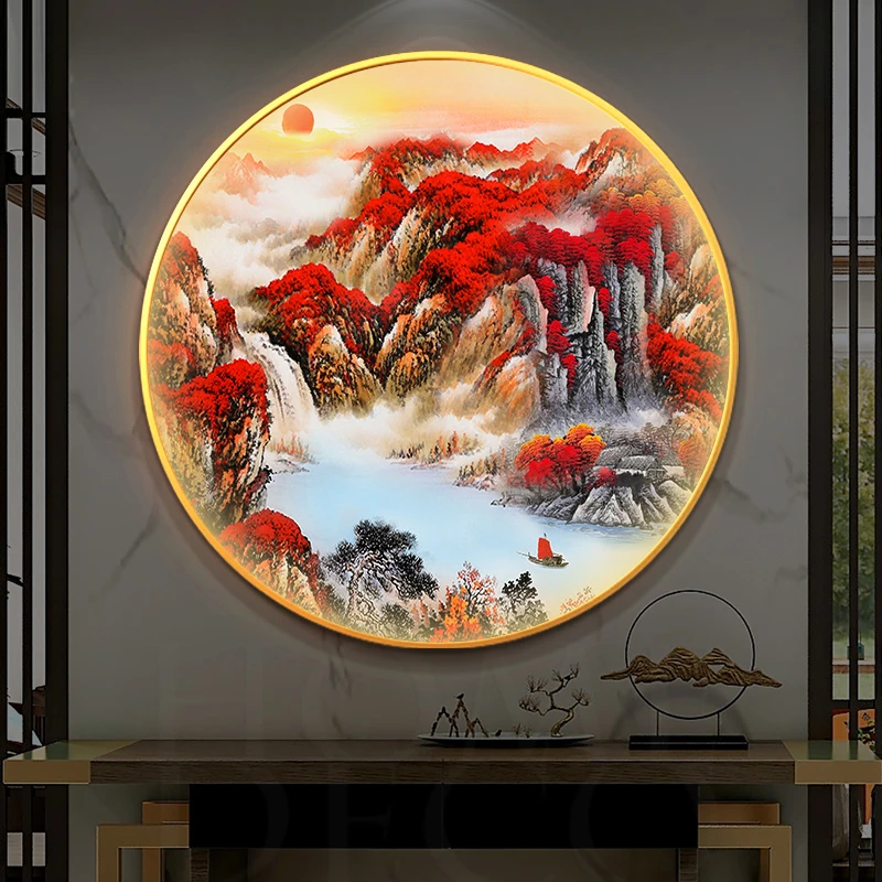 鸿运当头圆形玄关装饰画带灯新中式茶室壁灯画餐厅背景墙发光挂画