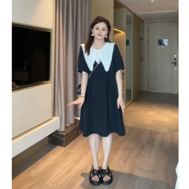 【胖佳佳】卿卿日常 短袖连衣裙夏季显瘦拼接大翻领裙子HQ346874