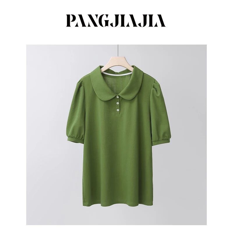 【胖佳佳】海岸线 娃娃领短袖T恤夏季宽松减龄泡泡袖上衣H624Z09570