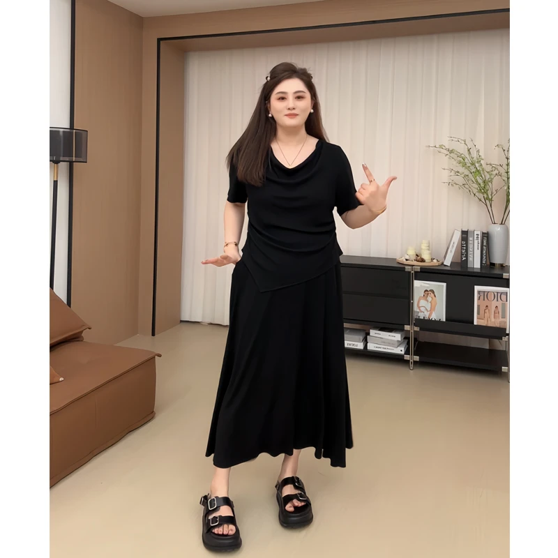 【胖佳佳】二八定律 荡荡领短袖T恤垂感半身长裙显瘦套装H624A05003