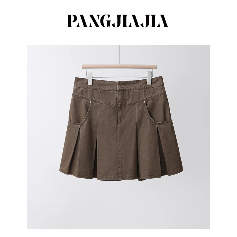【胖佳佳】复古嬉皮士 牛仔半身裙高腰显瘦复古百褶裙女H624Z08434