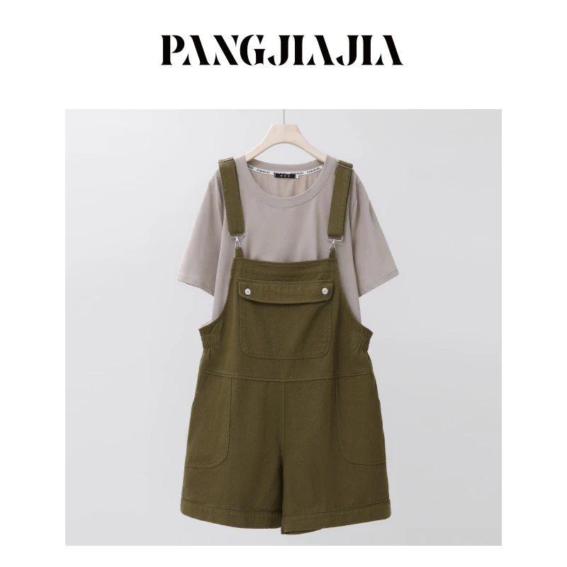 【胖佳佳】日常露营 纯棉圆领短袖T恤休闲背带短裤两件套HV349951