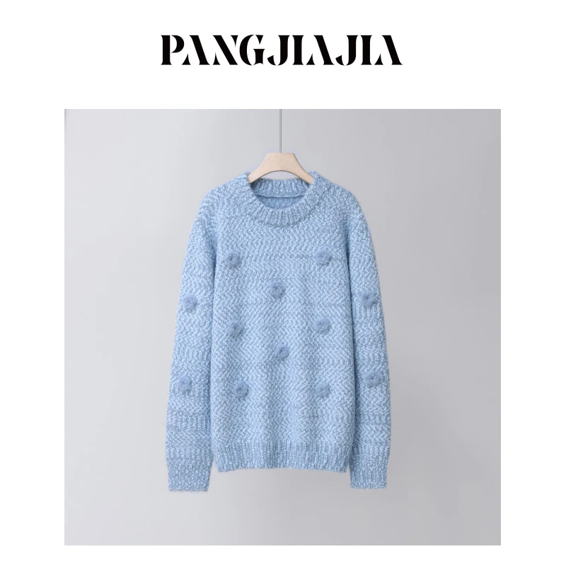 【胖佳佳】白云朵朵 重工立体花朵毛衣时尚圆领针织上衣H623Z11008