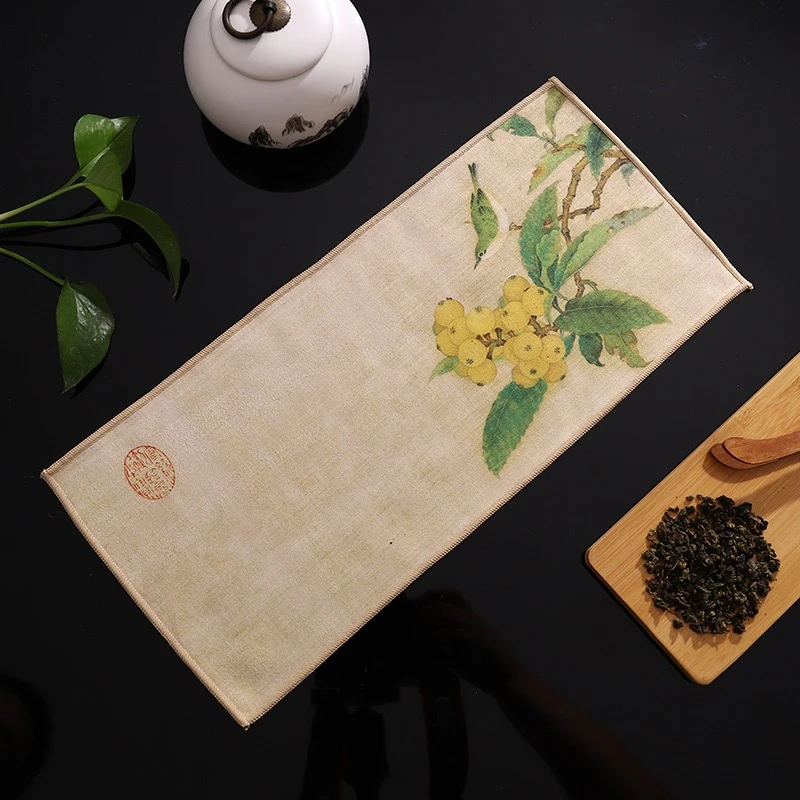 古风加厚吸水茶巾高档中国风鹿皮绒茶布彩绘复古国潮手工茶桌垫