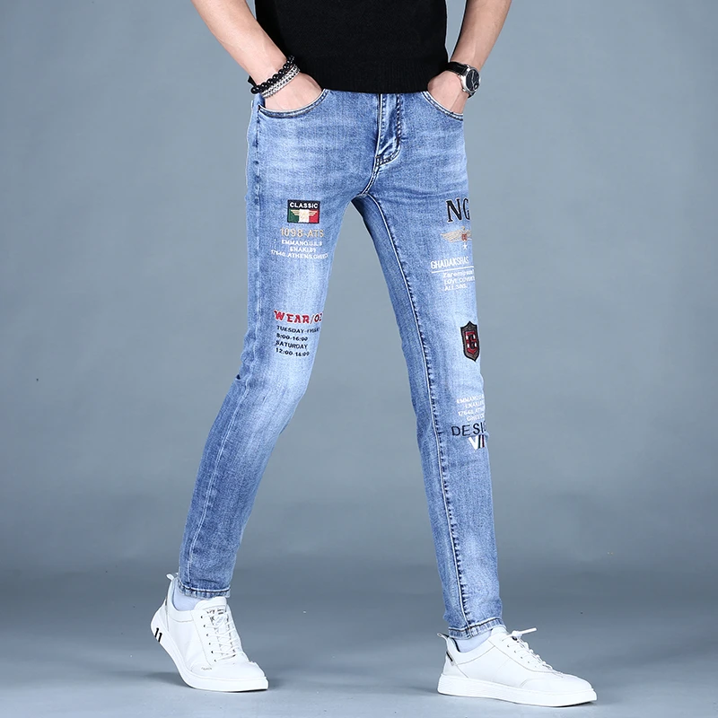 韩版夏季修身小脚牛仔裤男潮牌印花刺绣高端弹力男款休闲牛仔长裤