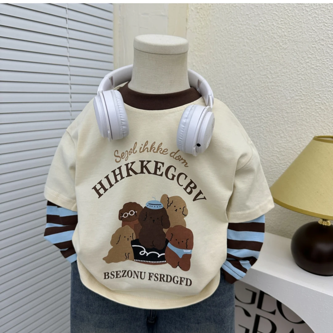 新款儿童休闲男童秋装长袖打底衫2025卡通圆领假两件T恤春秋上衣t