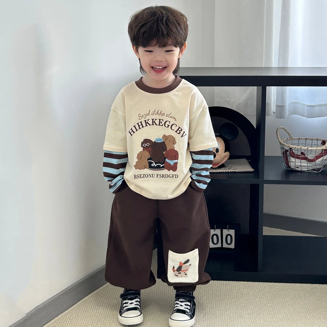 儿童春秋长袖T恤圆领套头衫2025新款男童秋装假两件秋装卡通上衣