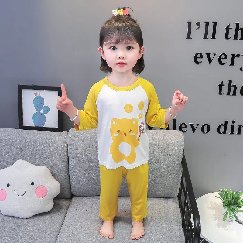 女童睡衣夏季薄款儿童七分袖高腰女孩空调服套装宝宝家居服