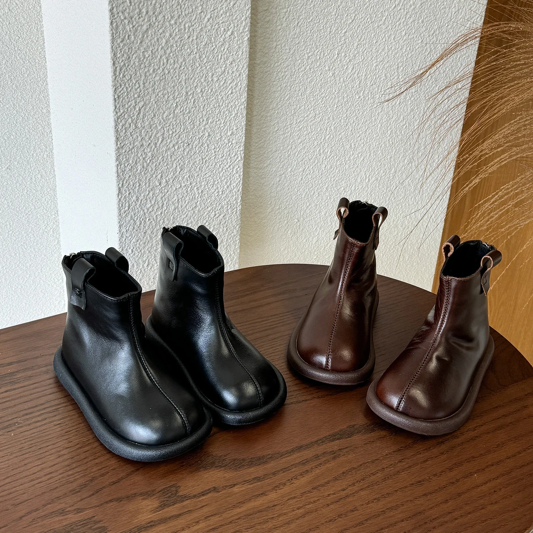 韩版褶皱宝宝真皮短靴2025冬季款女童简约软底保暖棉靴男童皮靴子